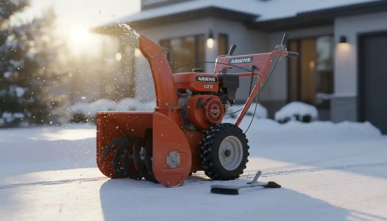 An orange and black Ariens 1128 snowblower with a large auger and chute, parked on a clean, solid-colored surface.