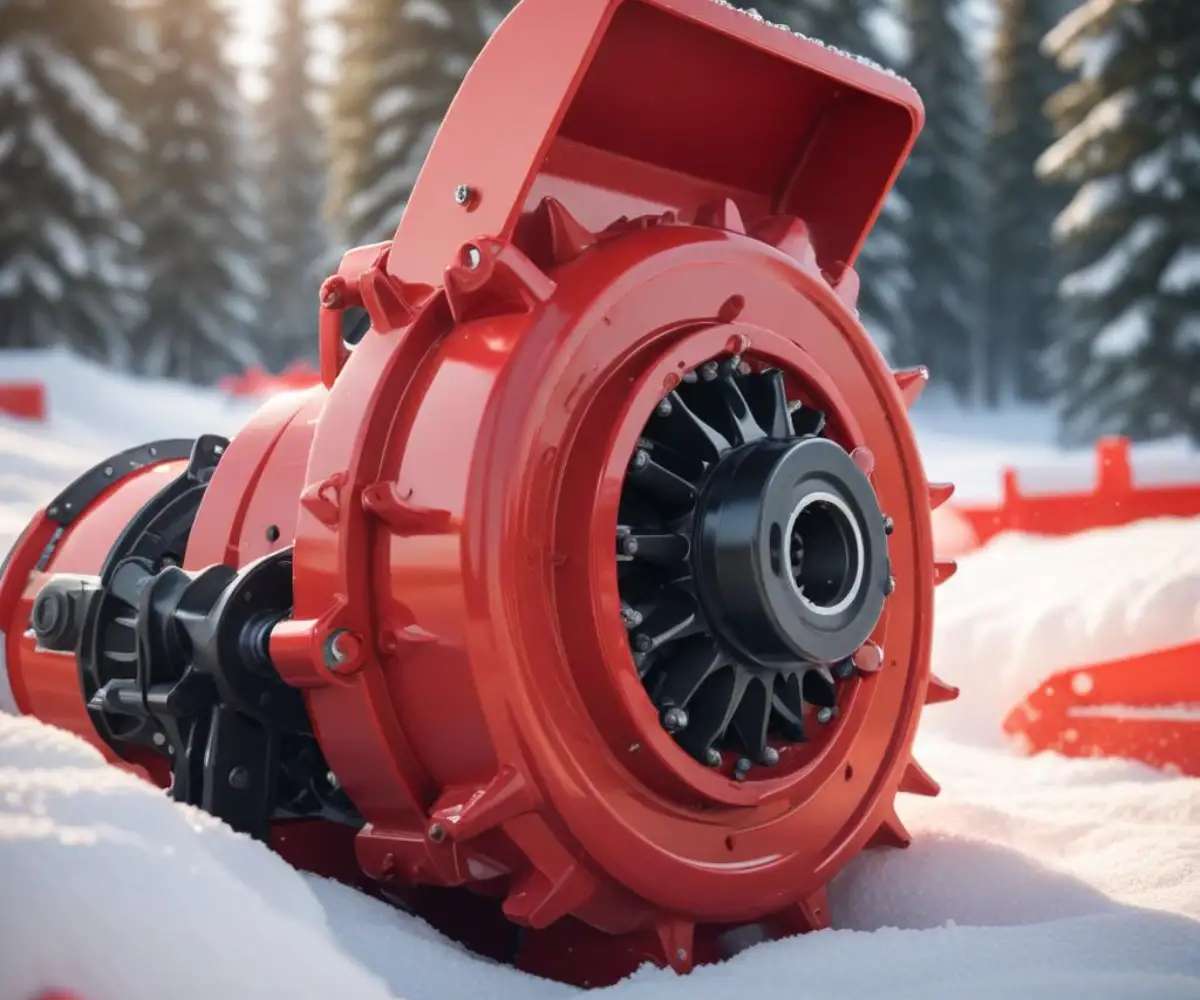 Close-up view of a red snowblower auger gearbox assembly.