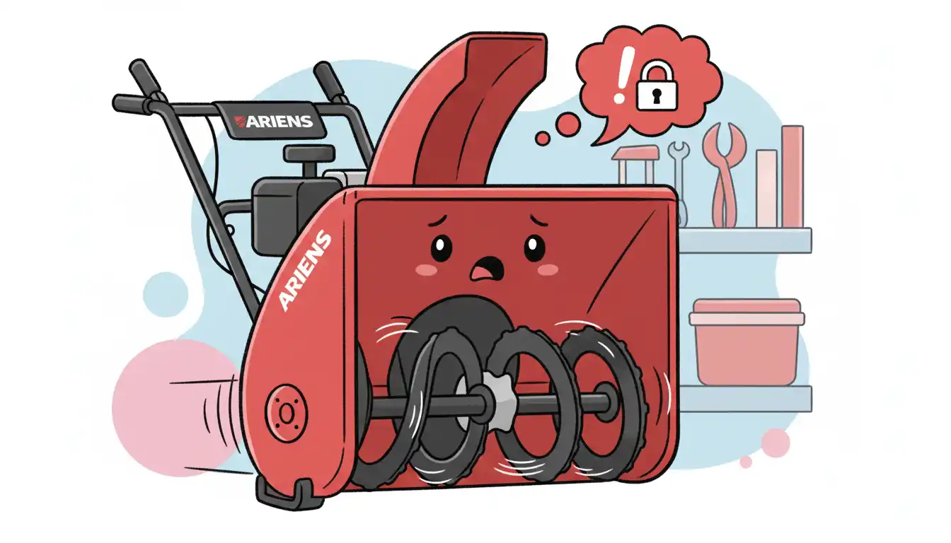 Close-up of a red snowblower's auger and blade assembly inside the front housing.