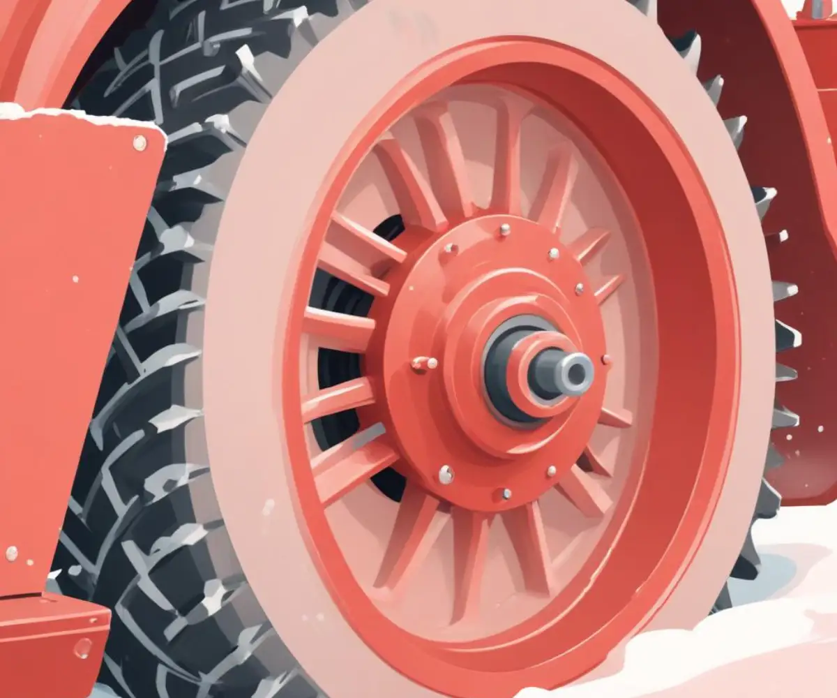 A close-up view of the wheel and axle assembly of a red snowblower, with a focus on the drive mechanism.
