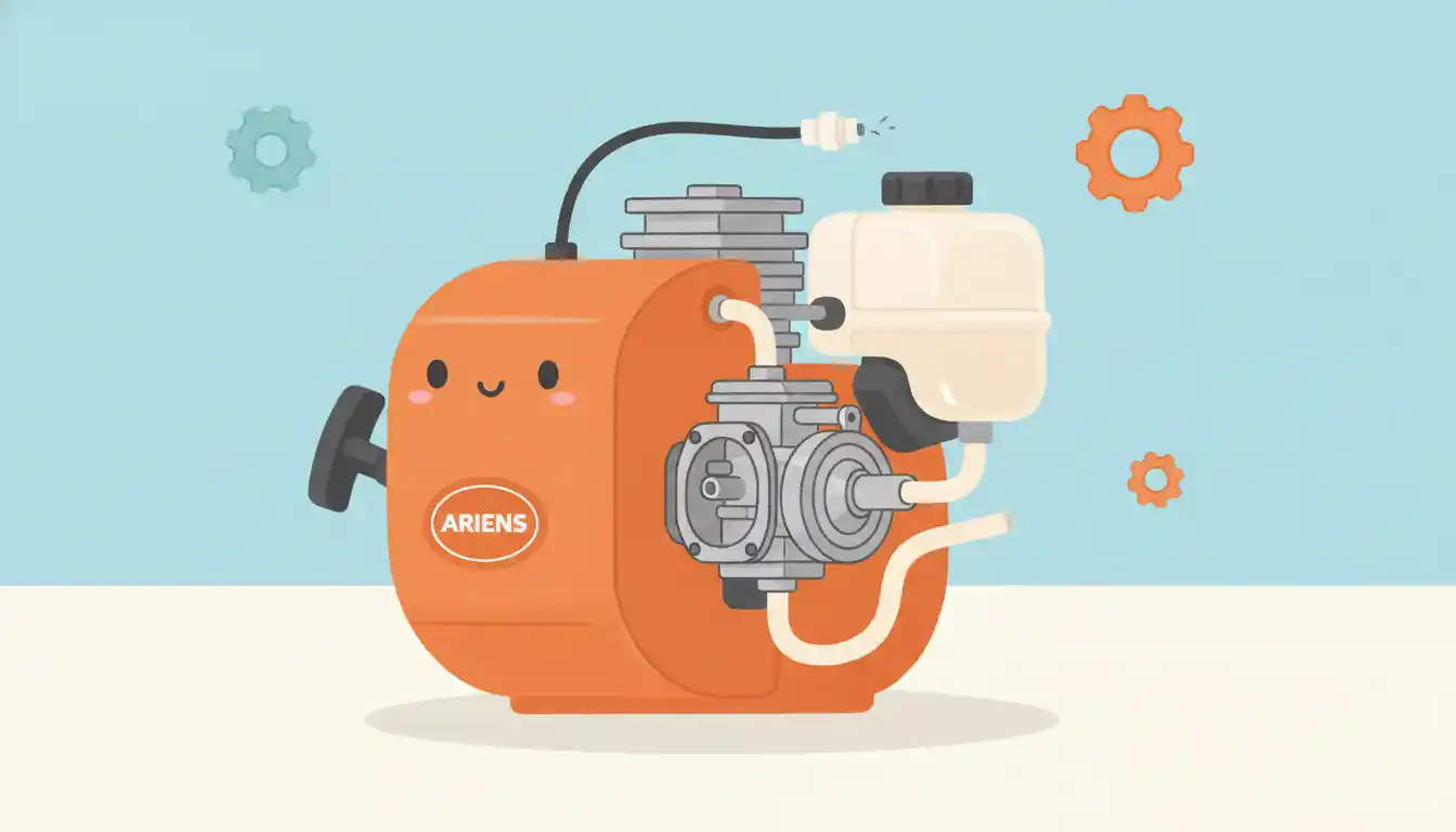 Close-up of an orange snowblower engine with a focus on the carburetor and fuel system.