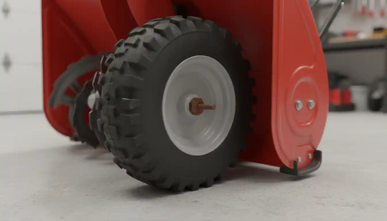 Close-up of a large red snowblower's wheel and tire tread, resting on a clean concrete garage floor.