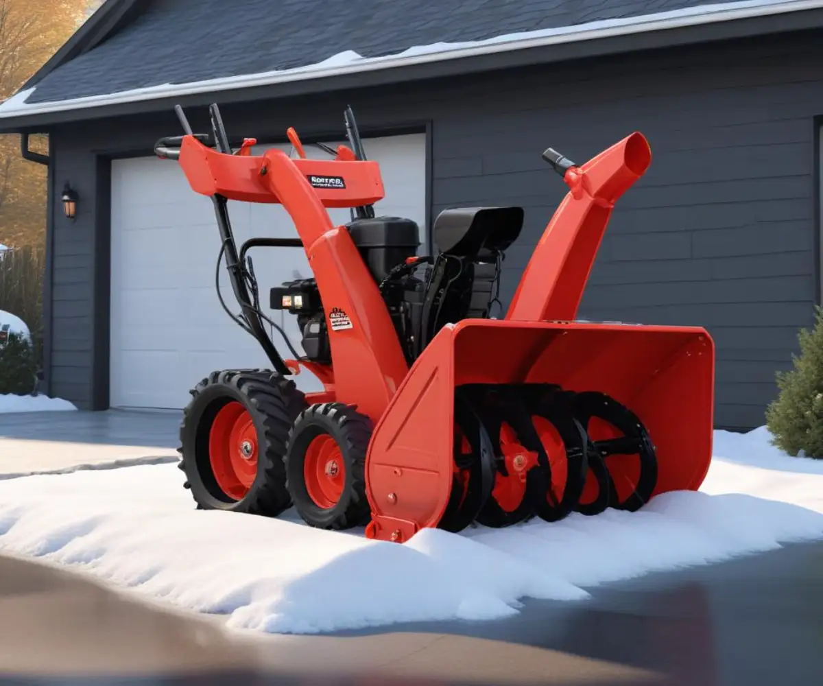 A red Ariens two-stage snow blower with a black chute, resting on a clean concrete garage floor.
