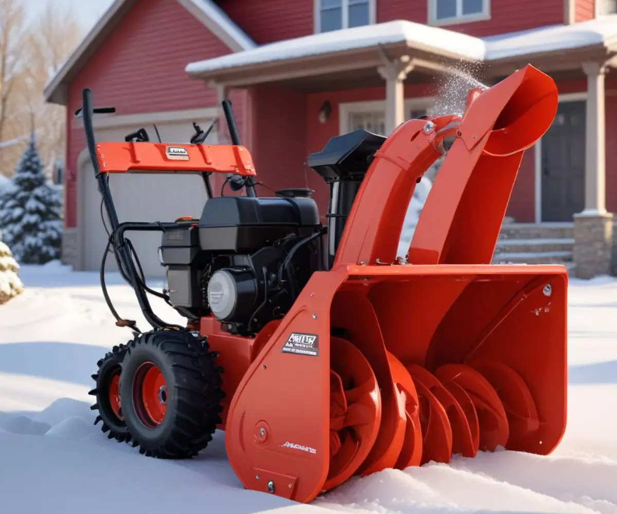 A red, two-stage Ariens snow blower with a large auger housing and discharge chute, shown from the side.