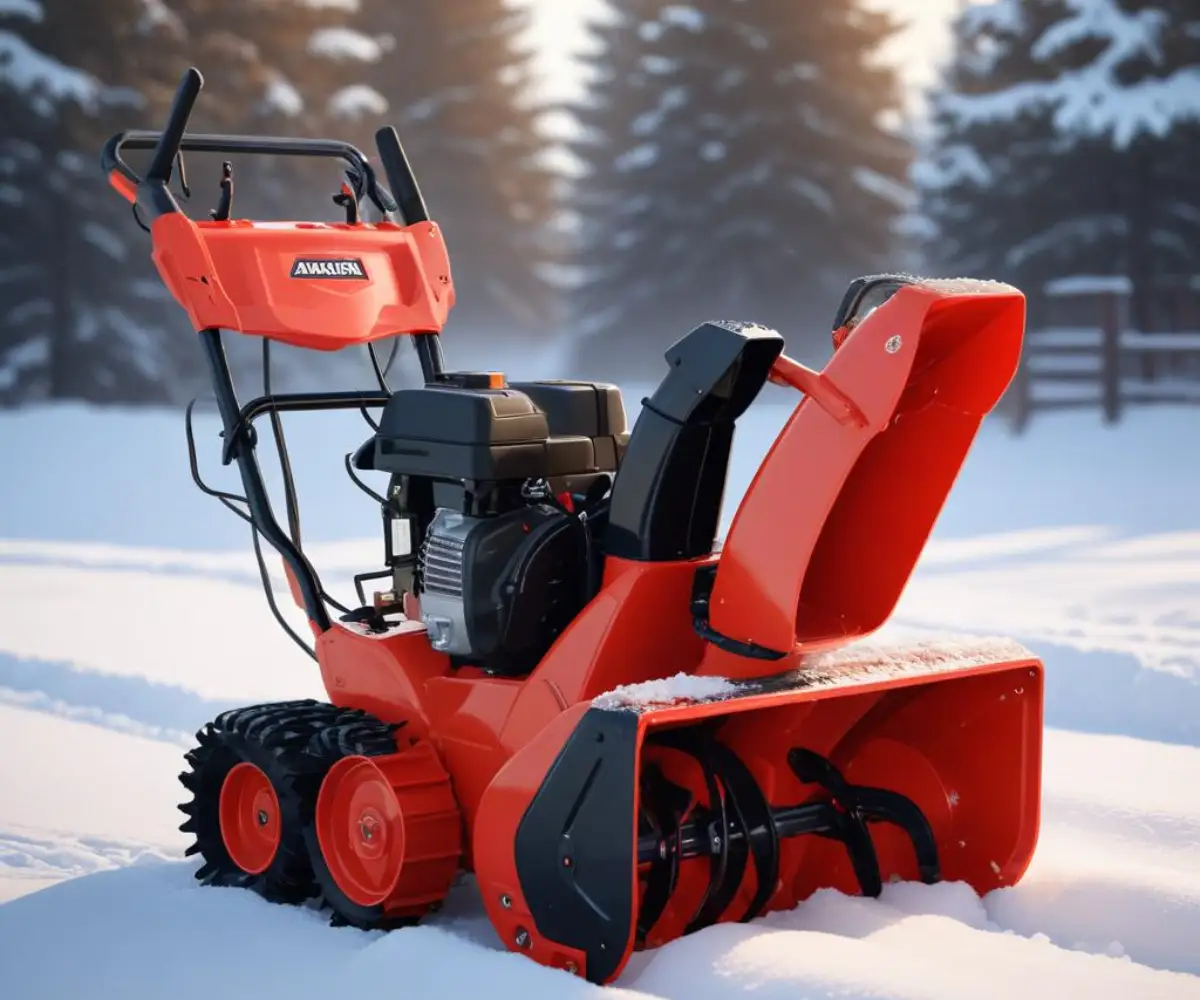 A red Ariens ST824 snow blower with a black chute and handlebars, parked on a clean surface.