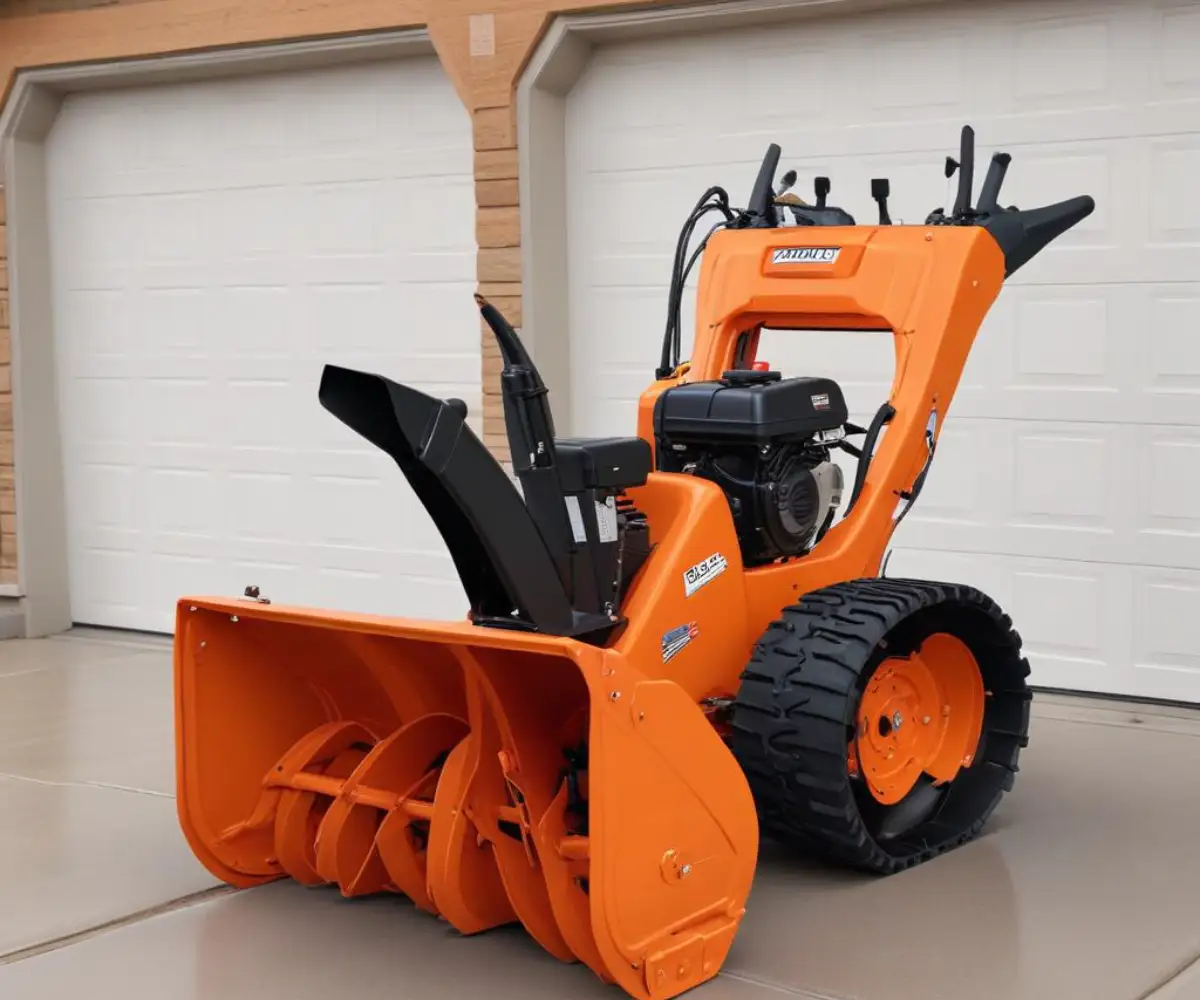 An orange Ariens ST824 two-stage snowblower parked on a clean, dry concrete surface in front of a closed garage door.