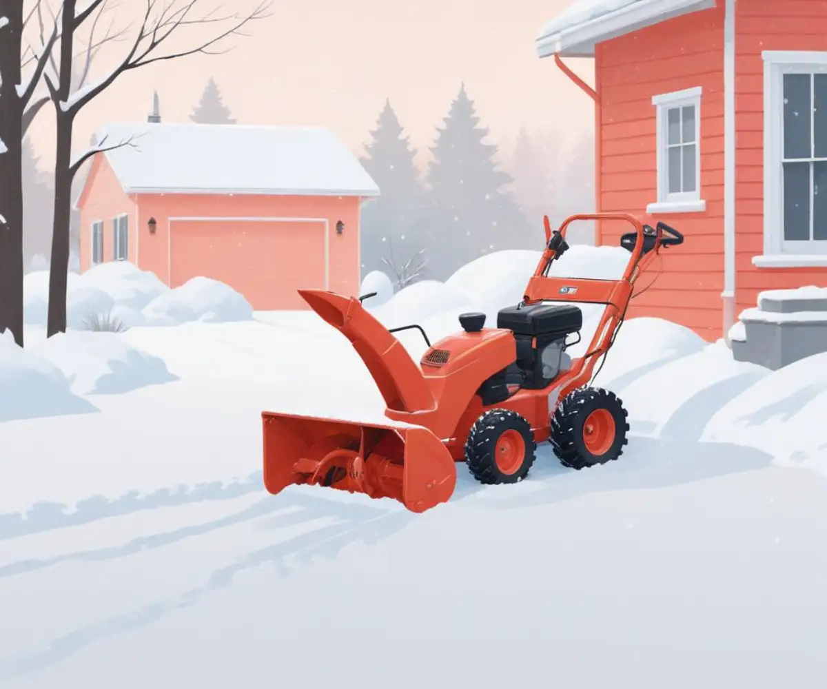 A red and an orange snowblower standing side-by-side on a snow-covered driveway.