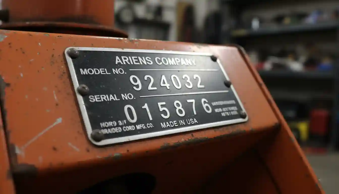 Close-up of a silver serial number plate on a piece of red outdoor power equipment.