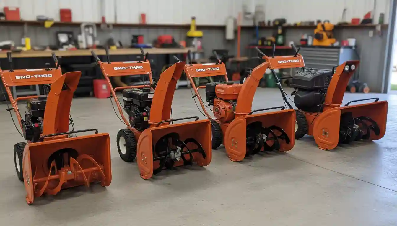 A collage or lineup of Ariens Sno-Thro machines from different manufacturing eras, showing their evolution