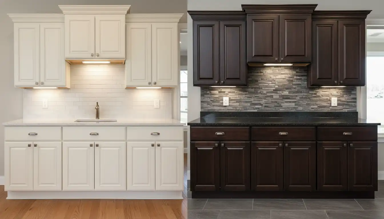 A side-by-side comparison of a light-colored Aristokraft kitchen cabinet and a dark-colored Kraftmaid kitchen cabinet.