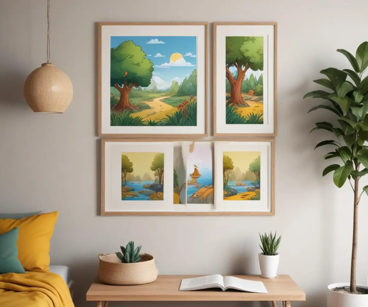 Two different framed art prints hanging side-by-side on a plain wall.