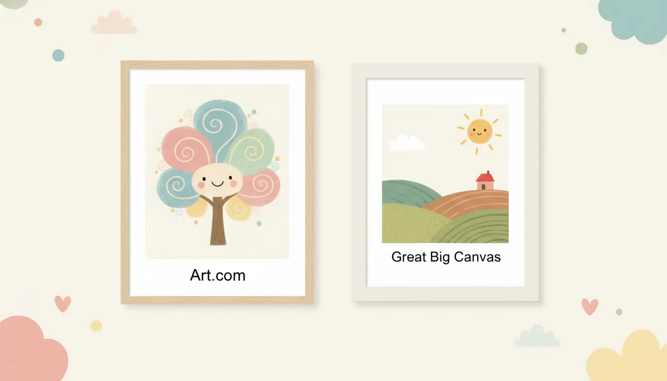 Two different framed art prints hanging side-by-side on a plain wall.