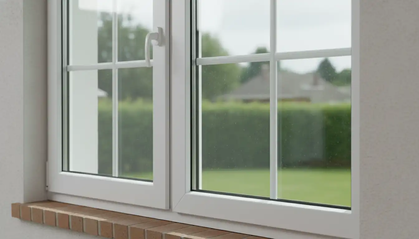 A close-up of a high-quality, energy-efficient vinyl window frame and sash with multiple panes of glass.