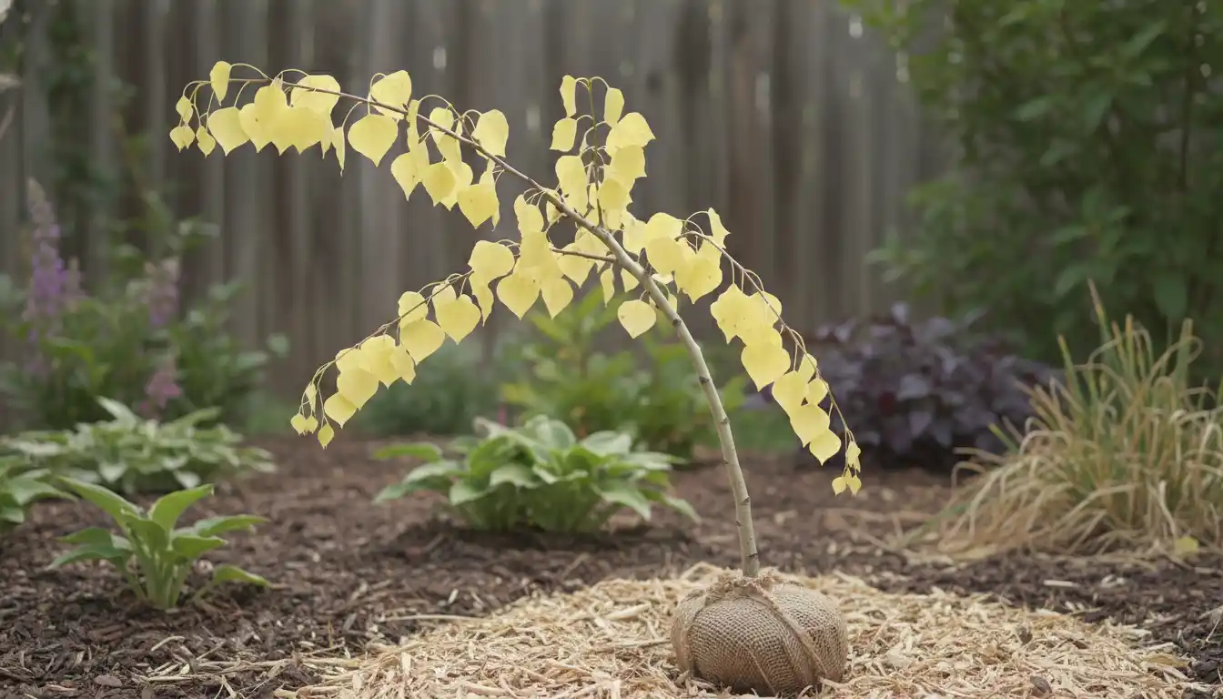 A young aspen tree with yellowing and wilting leaves planted in a garden, showing signs of transplant shock.