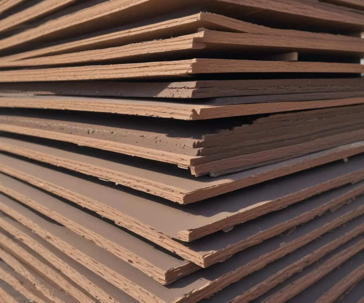 Stack of dark brown asphalt impregnated fiberboard sheathing panels at a construction site.