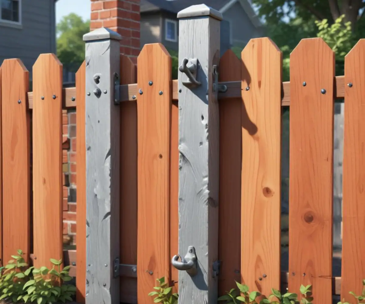 A close-up of a pressure-treated wooden fence post securely fastened to a brick house wall with galvanized steel brackets and anchor bolts.