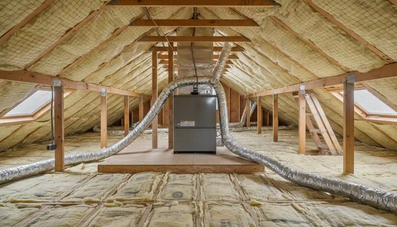 A residential attic space showing a furnace unit with surrounding fiberglass insulation on the attic floor and rafters.