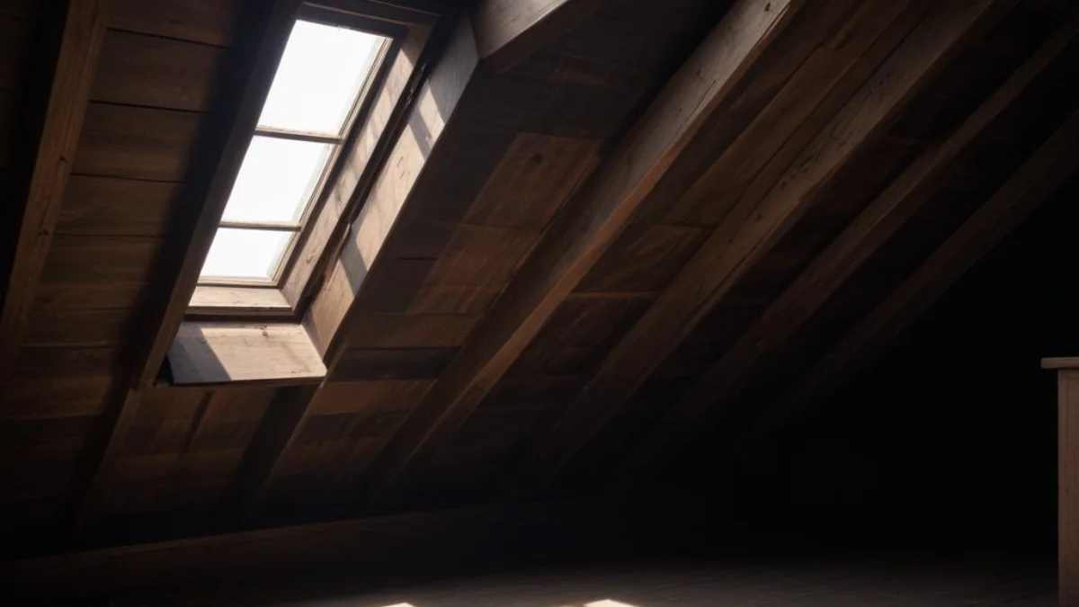 A dusty, wooden attic hatch mysteriously creaks open into a dark, shadowy space.