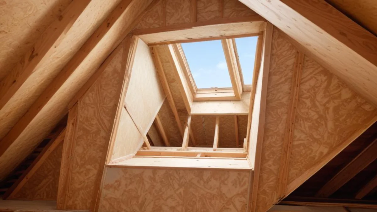 An open, unsealed attic hatch in a ceiling, showing exposed wooden rafters and insulation.