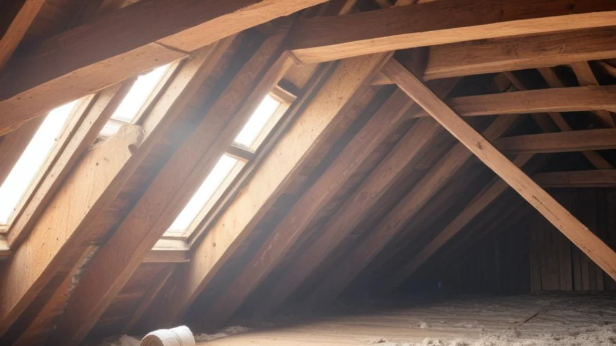 Hot, dusty attic with exposed wooden beams and insulation, a common source of attic smells in summer.