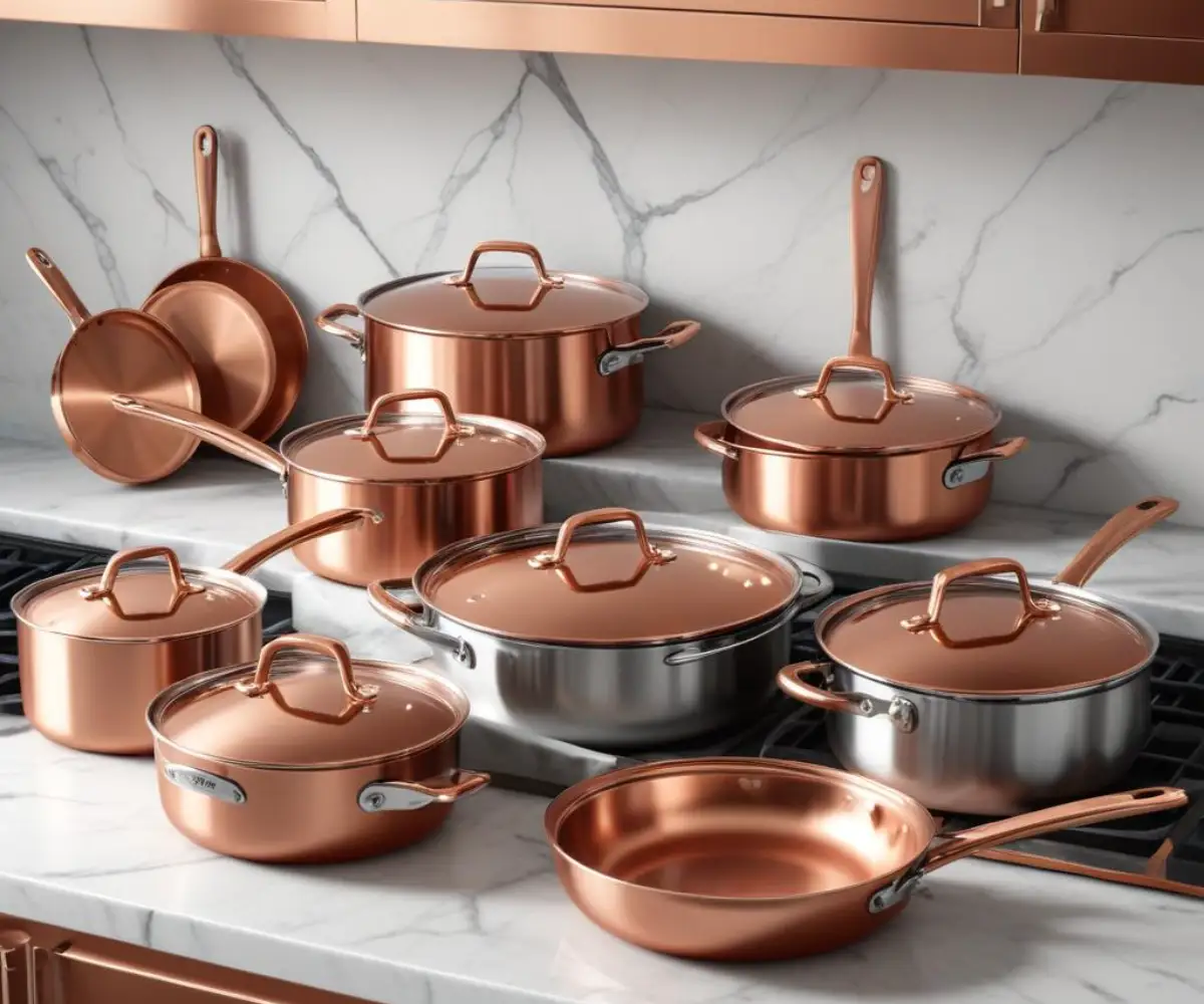 A collection of high-end stainless steel and copper cookware neatly arranged on a marble countertop.