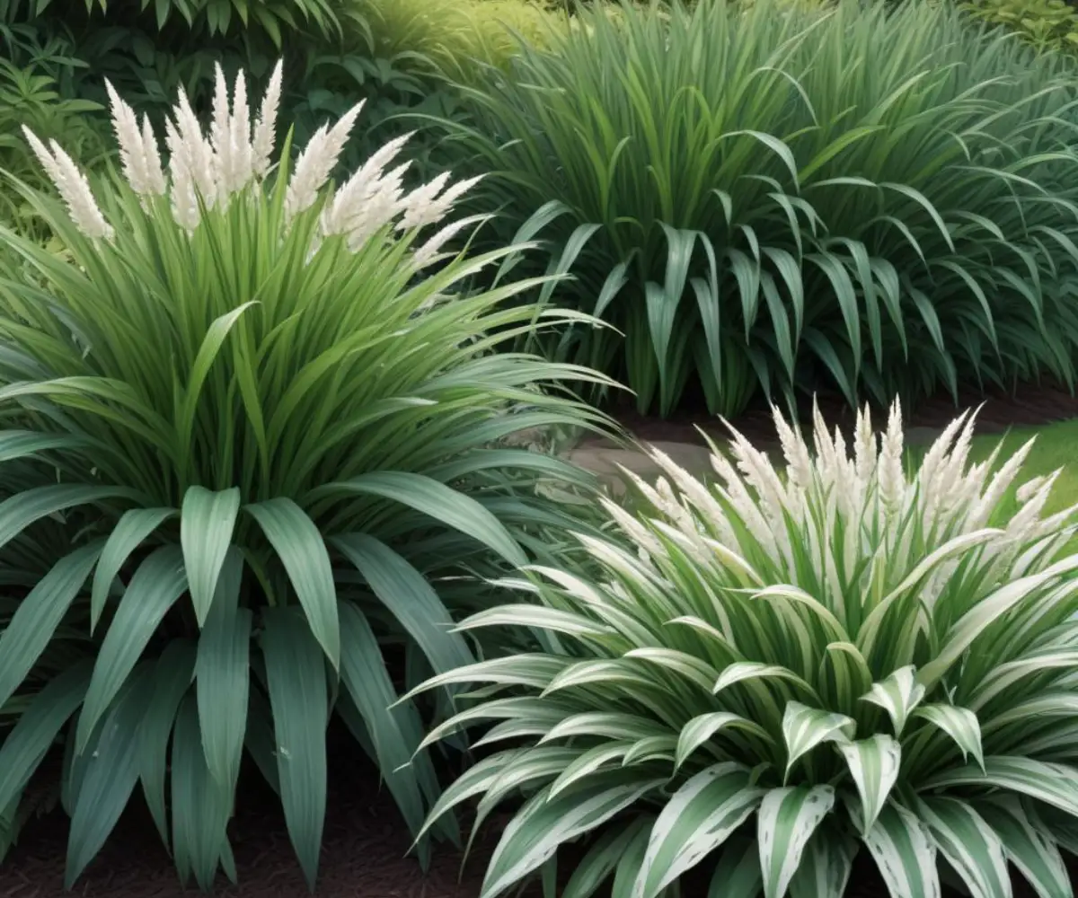 A side-by-side comparison of a clump of Aztec grass with its green and white variegated leaves next to a clump of Liriope with solid dark green, grass-like foliage in a garden bed.