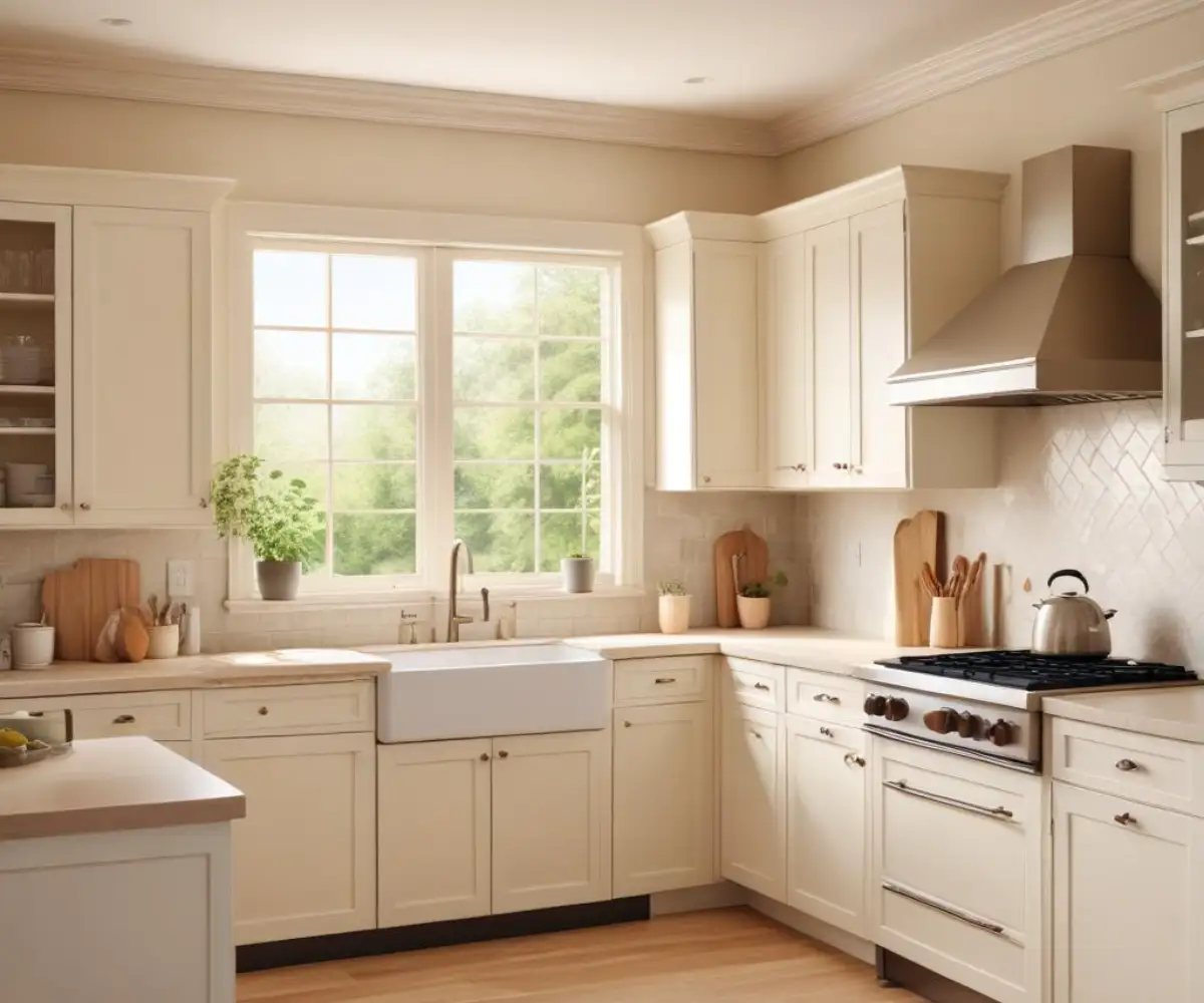 A kitchen with classic ivory-finished, solid plywood cabinets and crown molding.