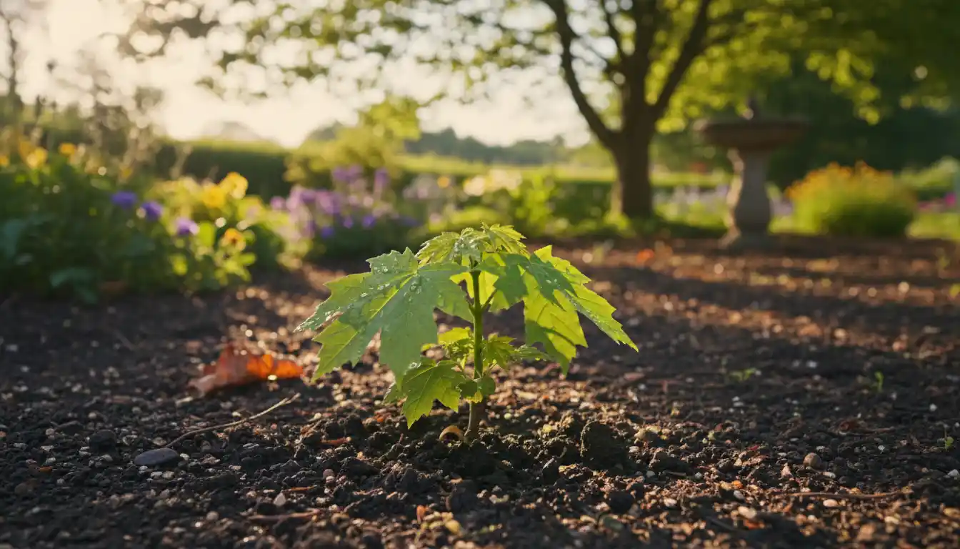 A small maple tree sapling with vibrant green leaves sprouting from the soil in a sunlit garden.