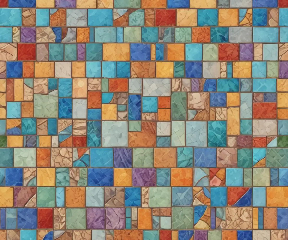 A variety of colorful mosaic tile backsplashes neatly arranged for display.