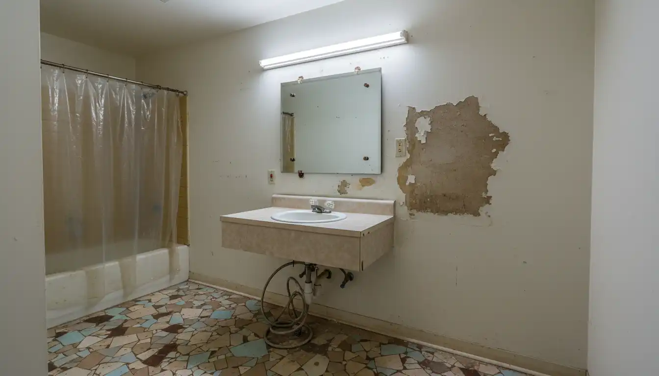 A poorly renovated bathroom with mismatched, cracked floor tiles and a crookedly hung vanity mirror on a peeling painted wall.