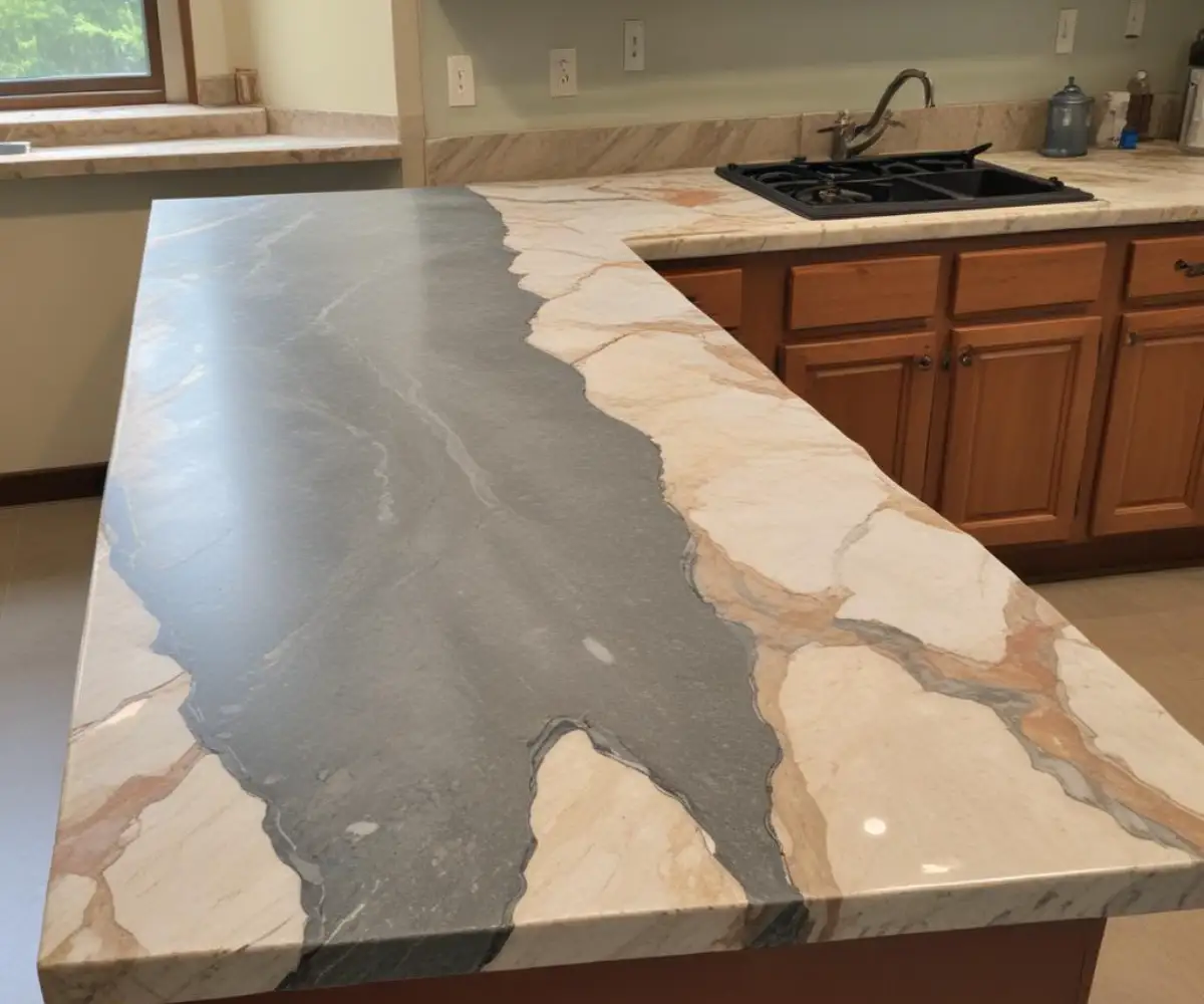 A poorly installed granite countertop with a large, uneven, and discolored seam joining two slabs together.