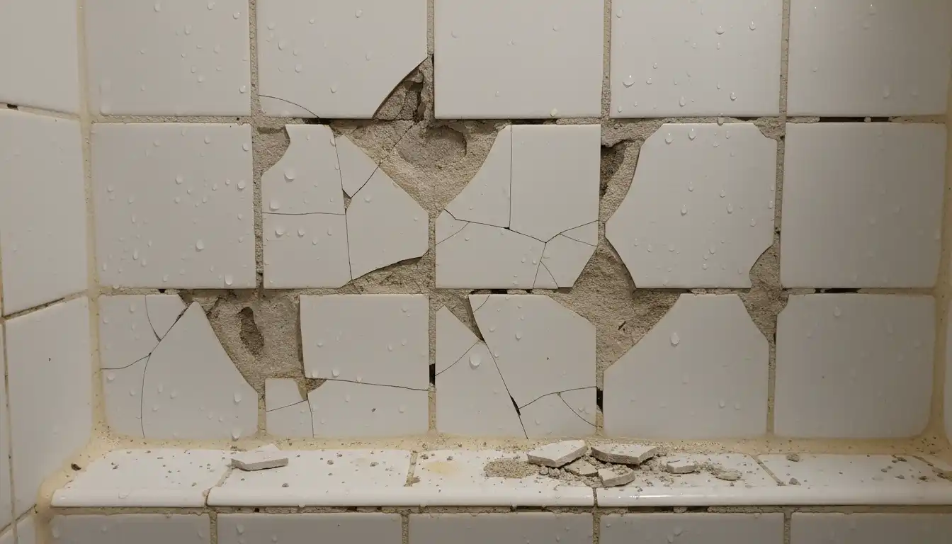 Close-up of cracked and uneven white shower tiles with crumbling grout lines.