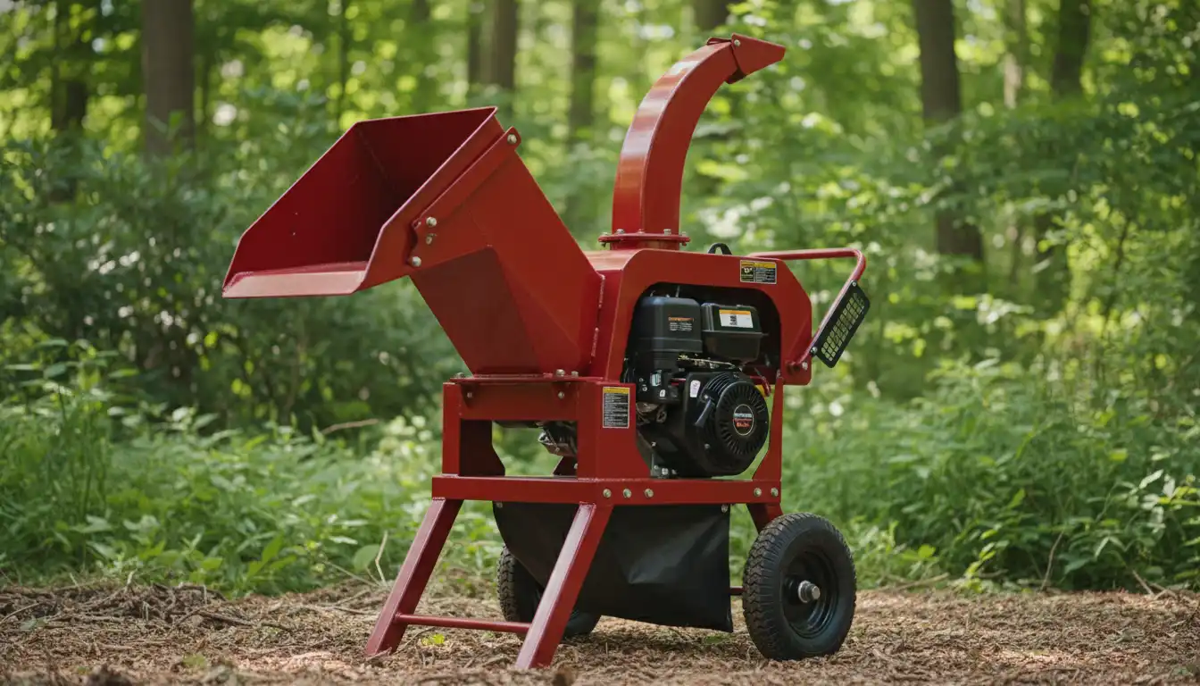 A heavy-duty red and black wood chipper shredder with a large feeding chute and a smaller branch chute, set against a blurred background of green foliage.