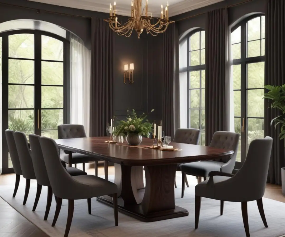 An elegantly crafted dark wood dining table with matching upholstered chairs in a luxurious dining room setting.