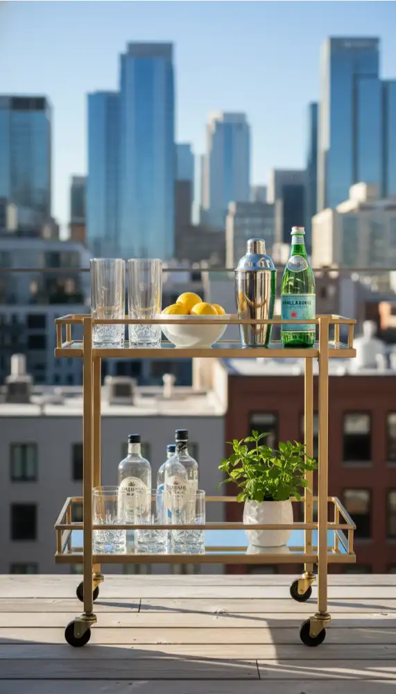 Metal bar cart stocked with drinks and plants on a balcony