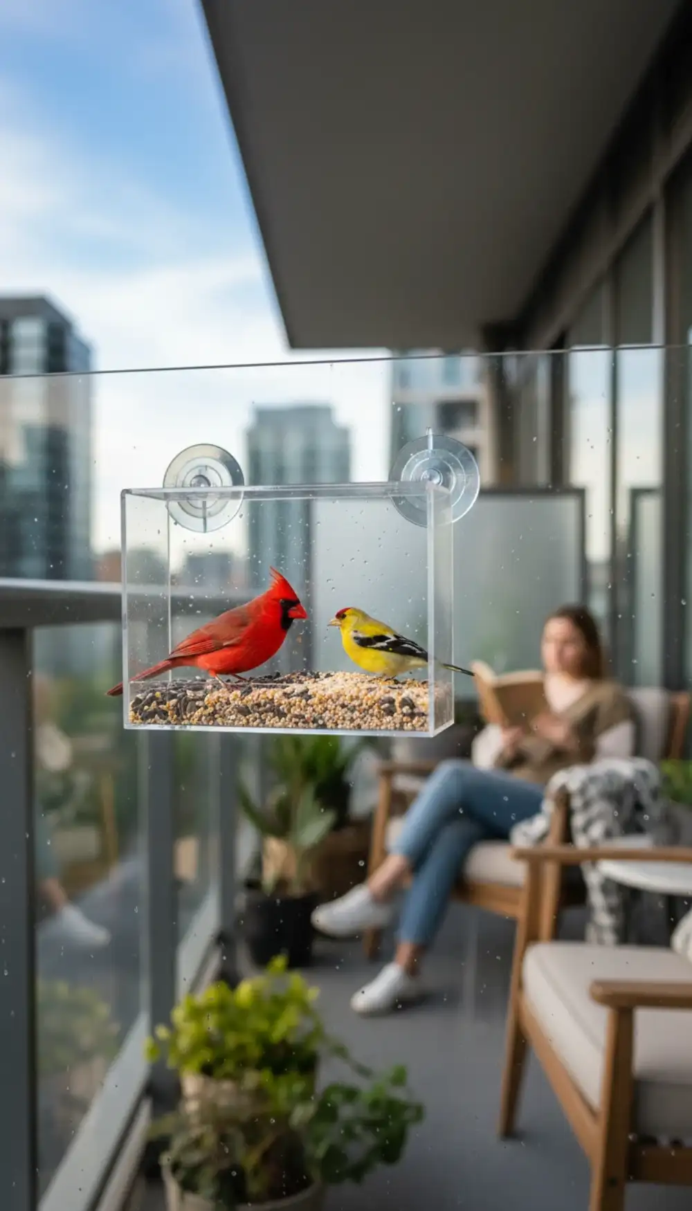 Glass bird feeder hanging near a balcony railing with colorful birds