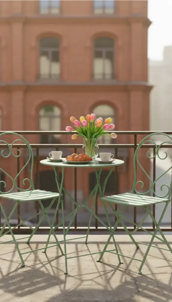 Classic metal bistro set with two chairs and a round table