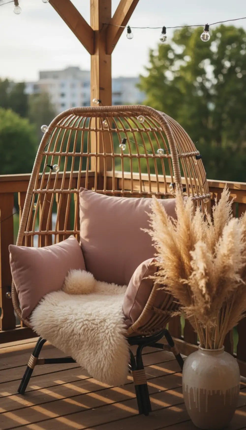 Rattan egg chair with soft blush pink pillows