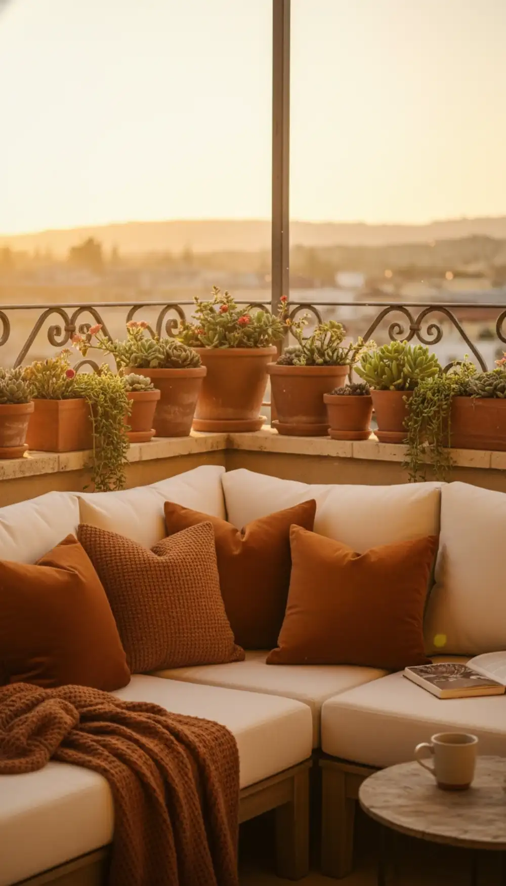 Burnt orange throw blanket on cream furniture at sunset
