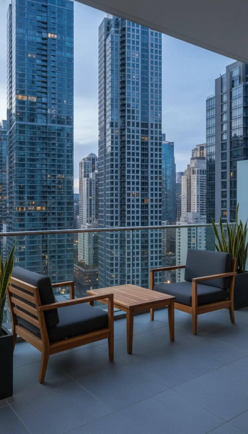 Charcoal grey cushions on sleek teak wood furniture