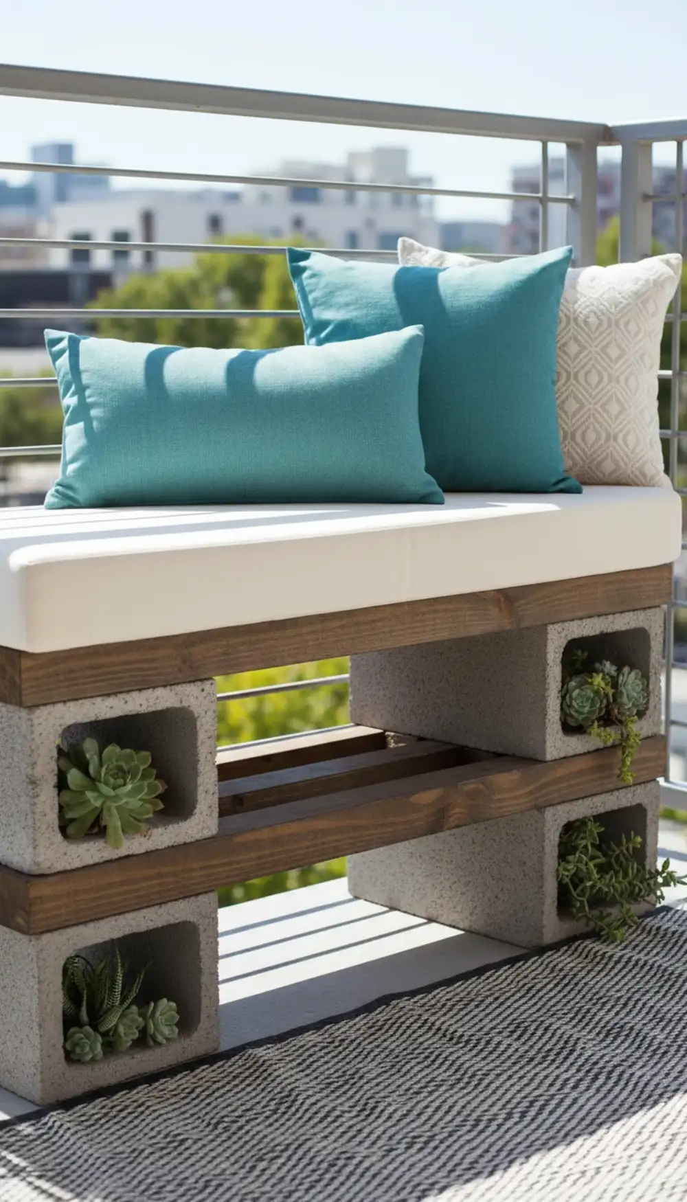 DIY bench made of concrete blocks and wood beams on a balcony