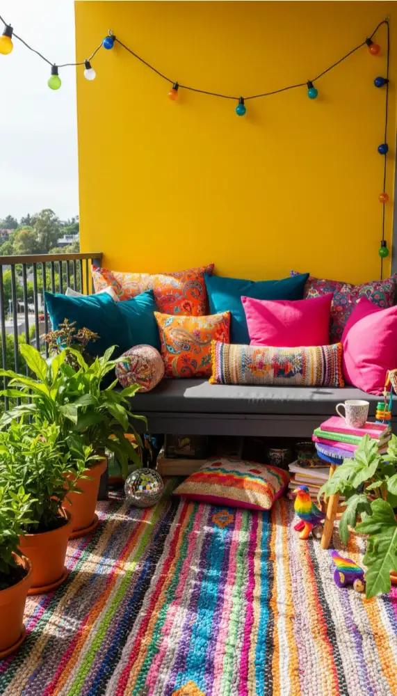 Balcony with bright yellow wall and colorful accent cushions