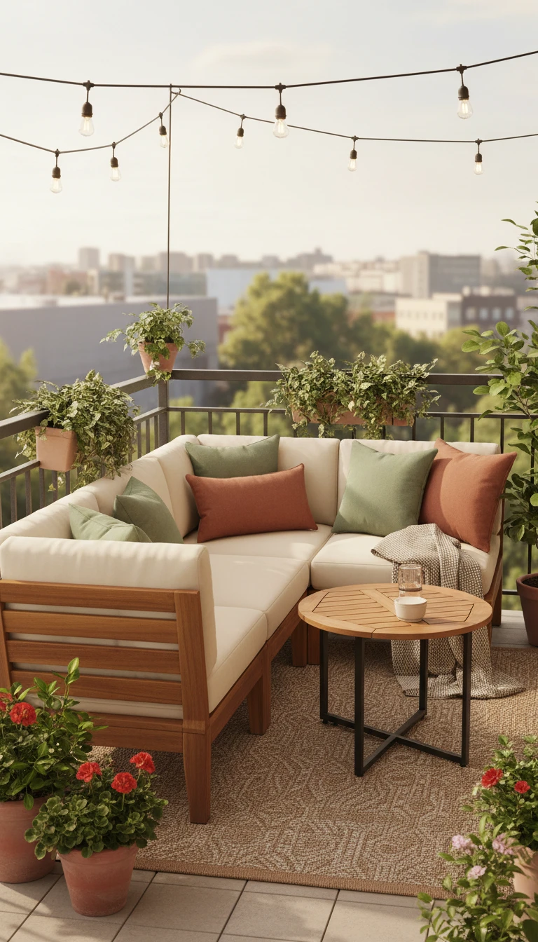 L-shaped sectional sofa in a balcony corner