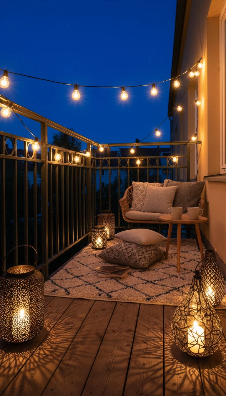 String lights and lanterns creating a warm balcony atmosphere