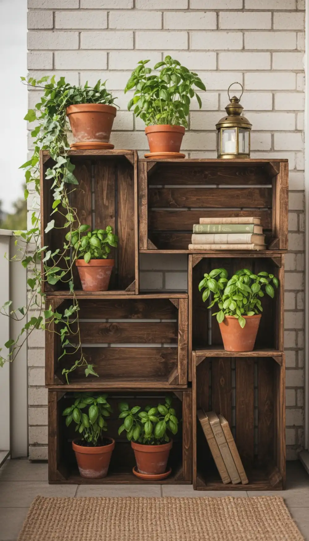 Stacked wooden crates forming a rustic shelf on a balcony