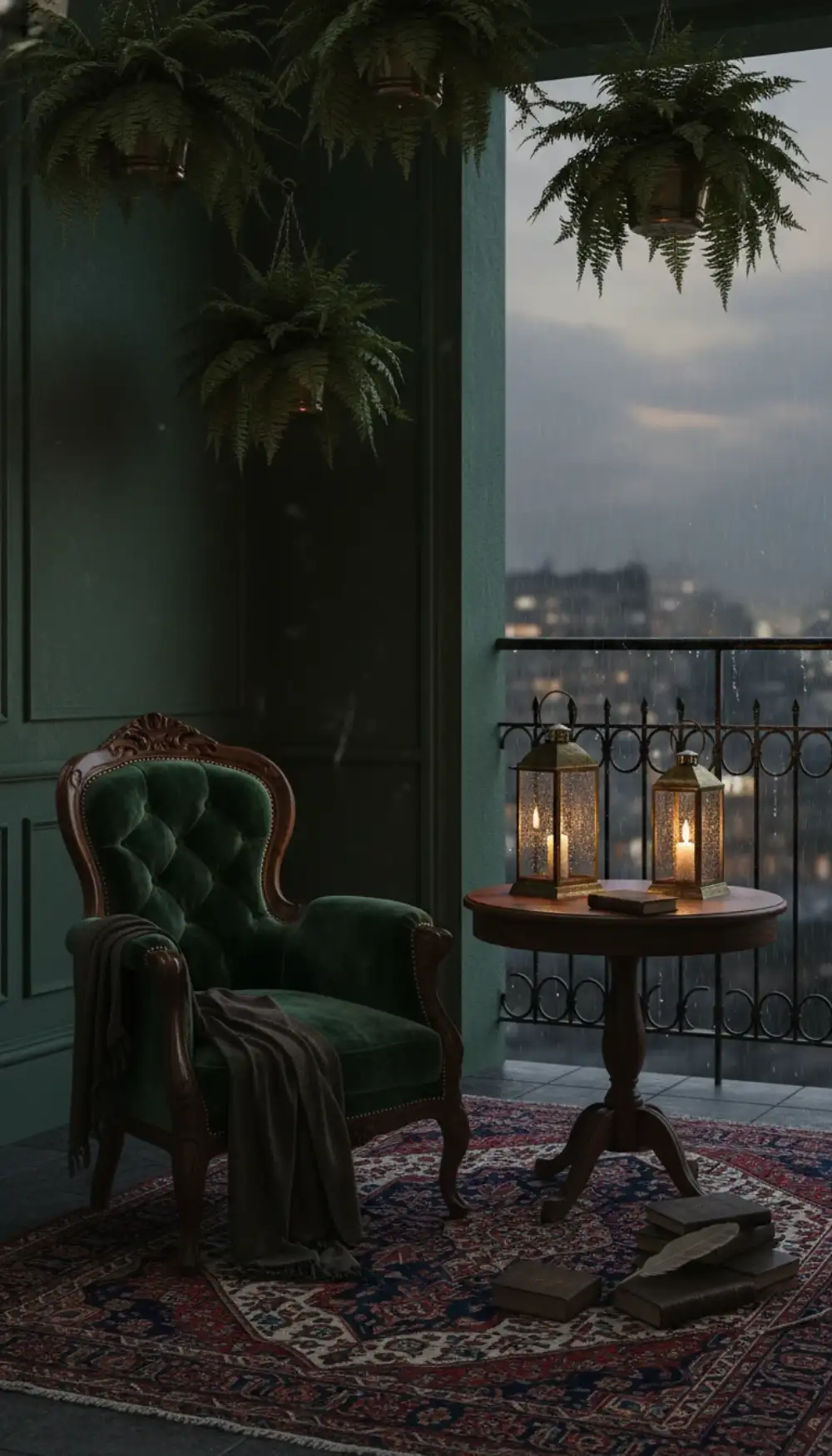 Moody dark balcony with emerald velvet chair and brass lanterns