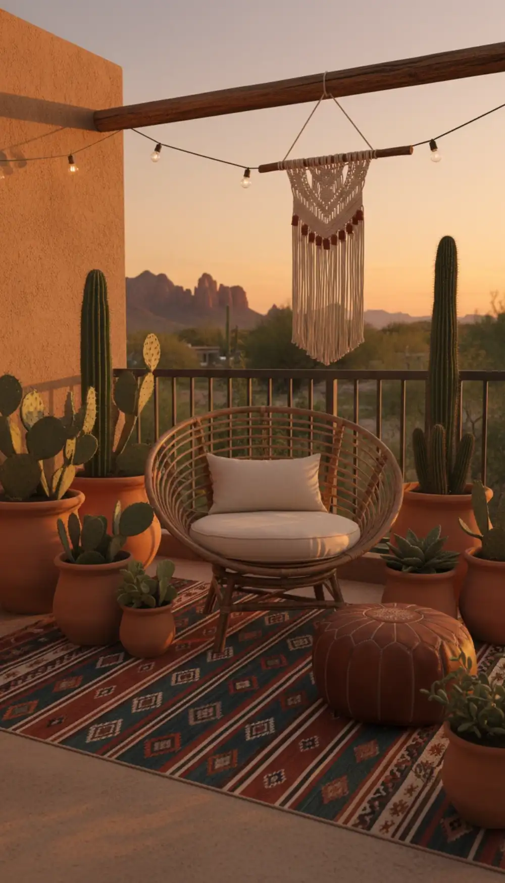 Desert boho balcony with rust cushions and cactus plants