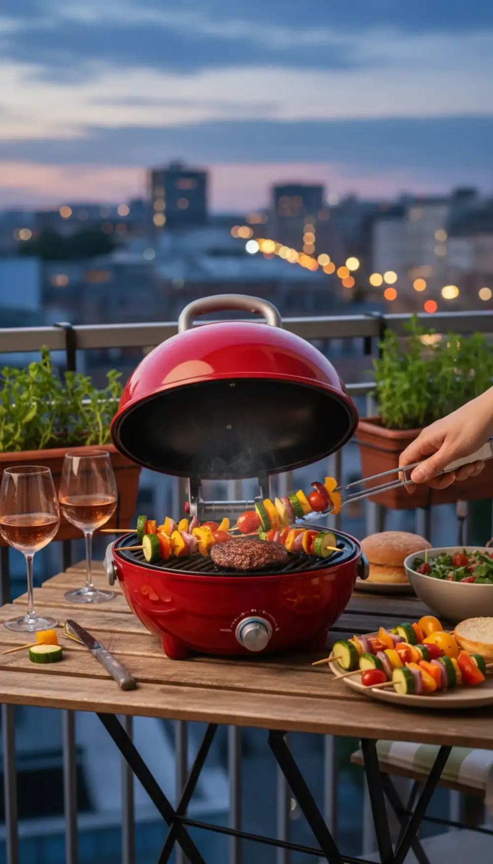 Small electric grill on a stand cooking vegetables on a balcony