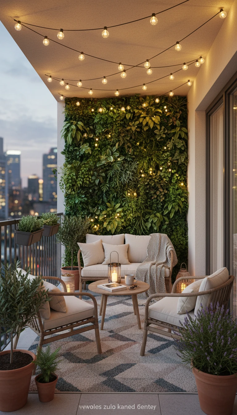 Beautifully renovated small balcony with lights and plants