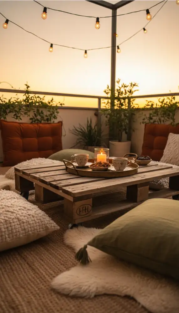 Low pallet table surrounded by large floor cushions on a balcony